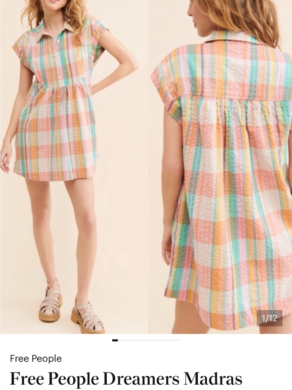 Free People Pastel Madras Plaid Short Sleeve Dress